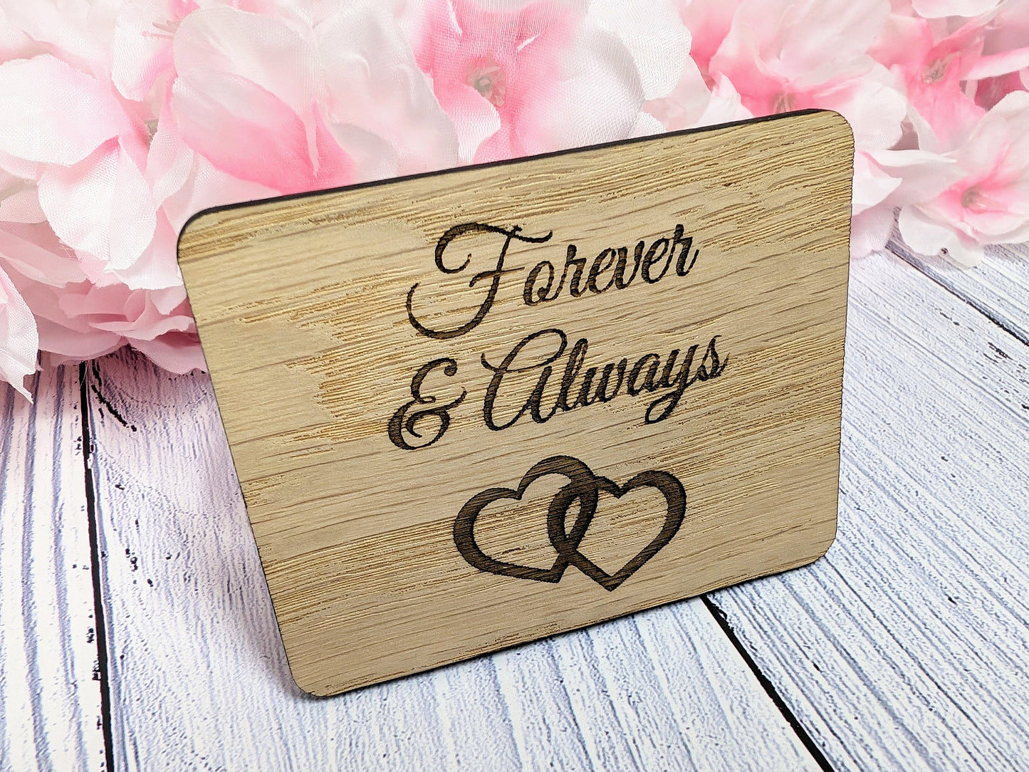 Forever & Always - Wooden Fridge Magnet with Interlocking Hearts - Romantic Gift