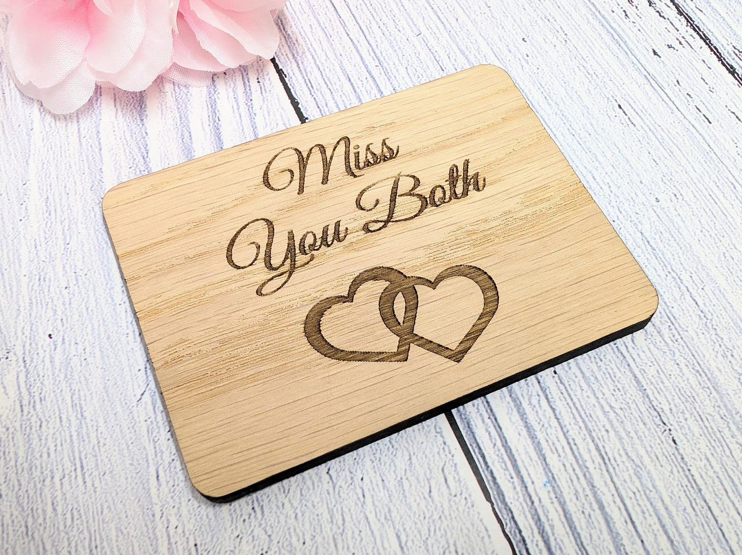 Miss You Both - Wooden Fridge Magnet with Interlocking Hearts - Romantic Gift