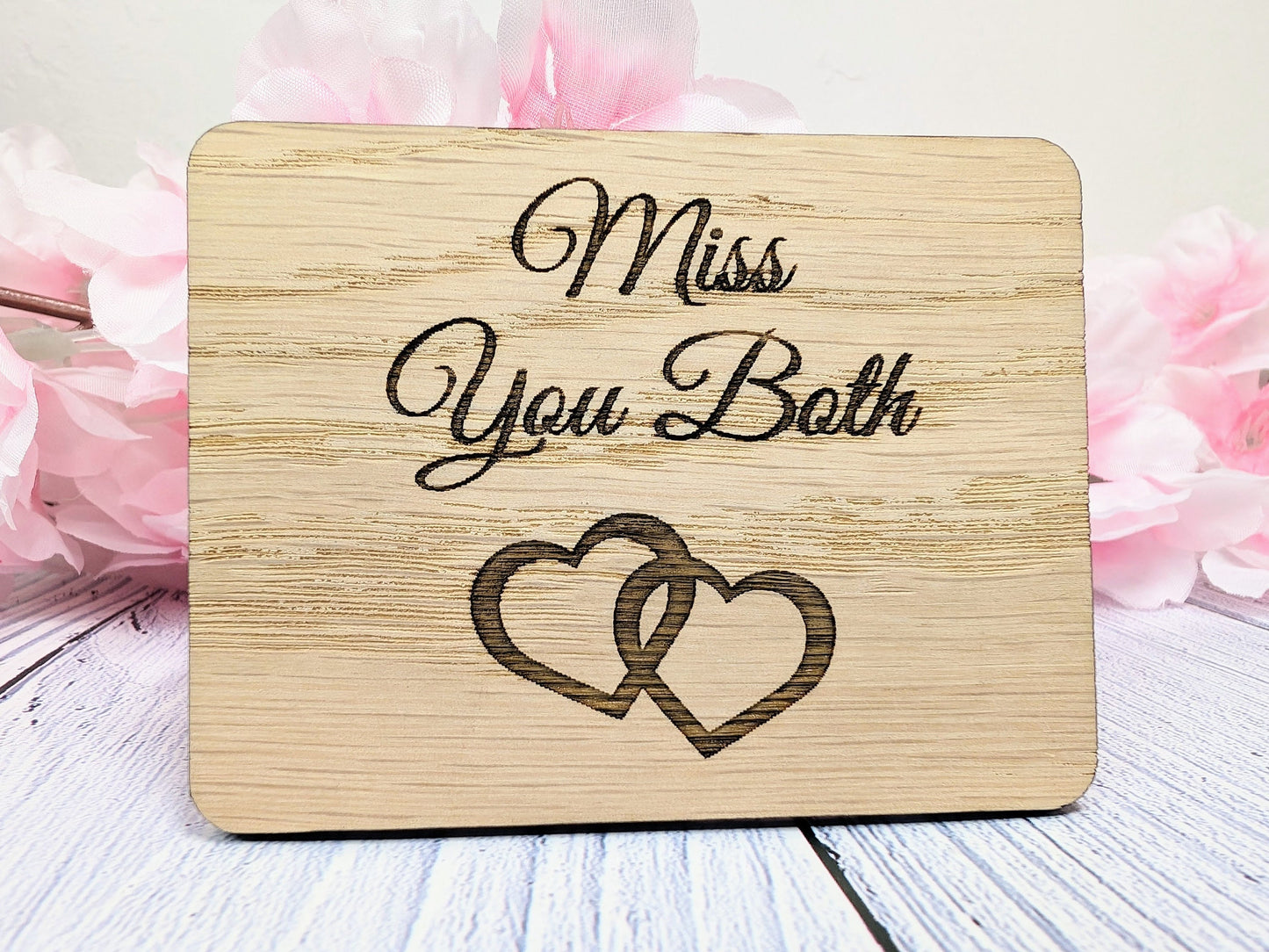 Miss You Both - Wooden Fridge Magnet with Interlocking Hearts - Romantic Gift