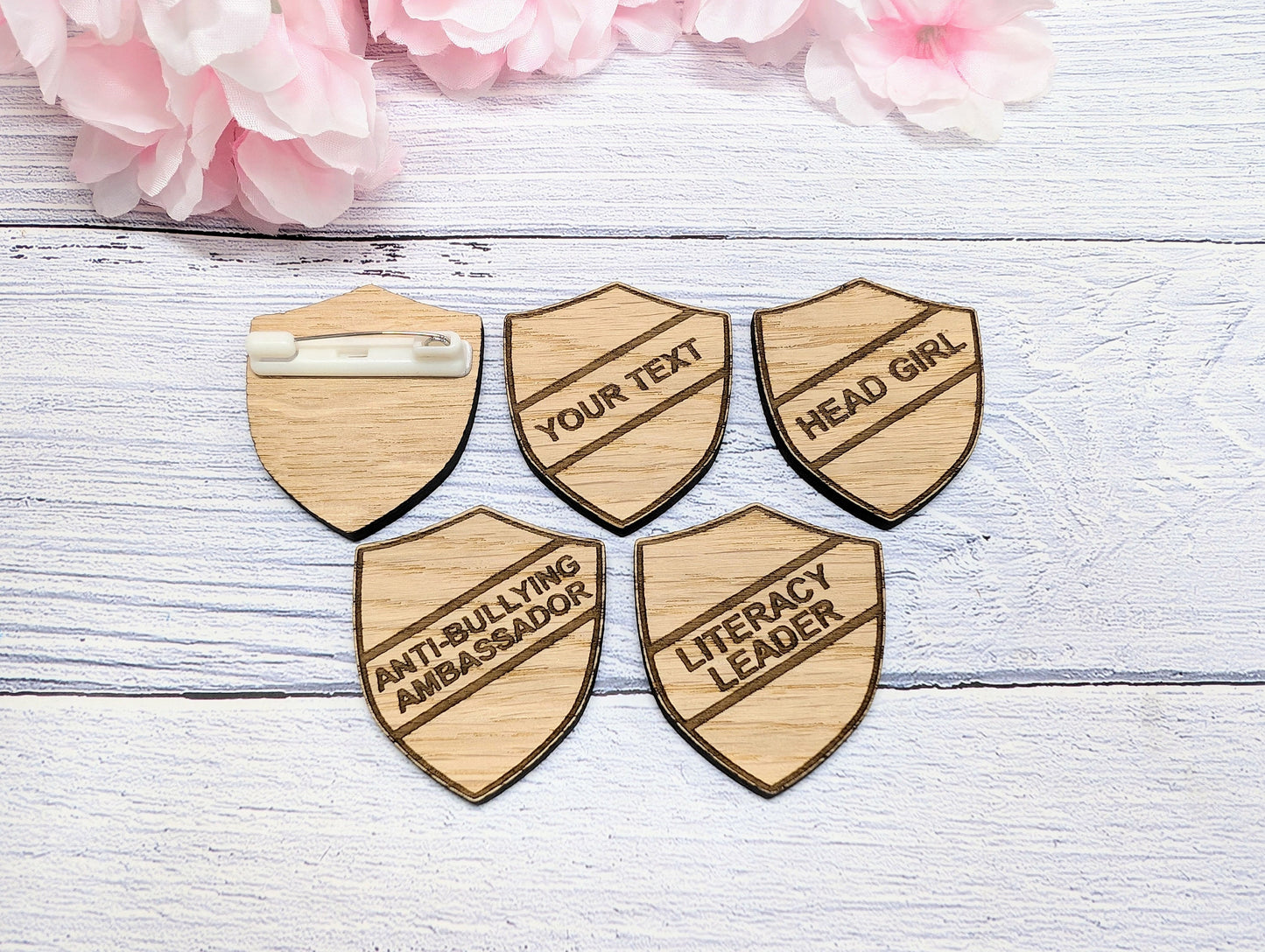 Small School Achievement Badges - 40x48mm - Oak Veneered MDF - Pin or Pin & Clip - Personalised or Pre-Designed Options for Students