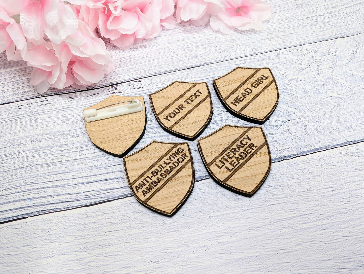 Small School Achievement Badges - 40x48mm - Oak Veneered MDF - Pin or Pin & Clip - Personalised or Pre-Designed Options for Students