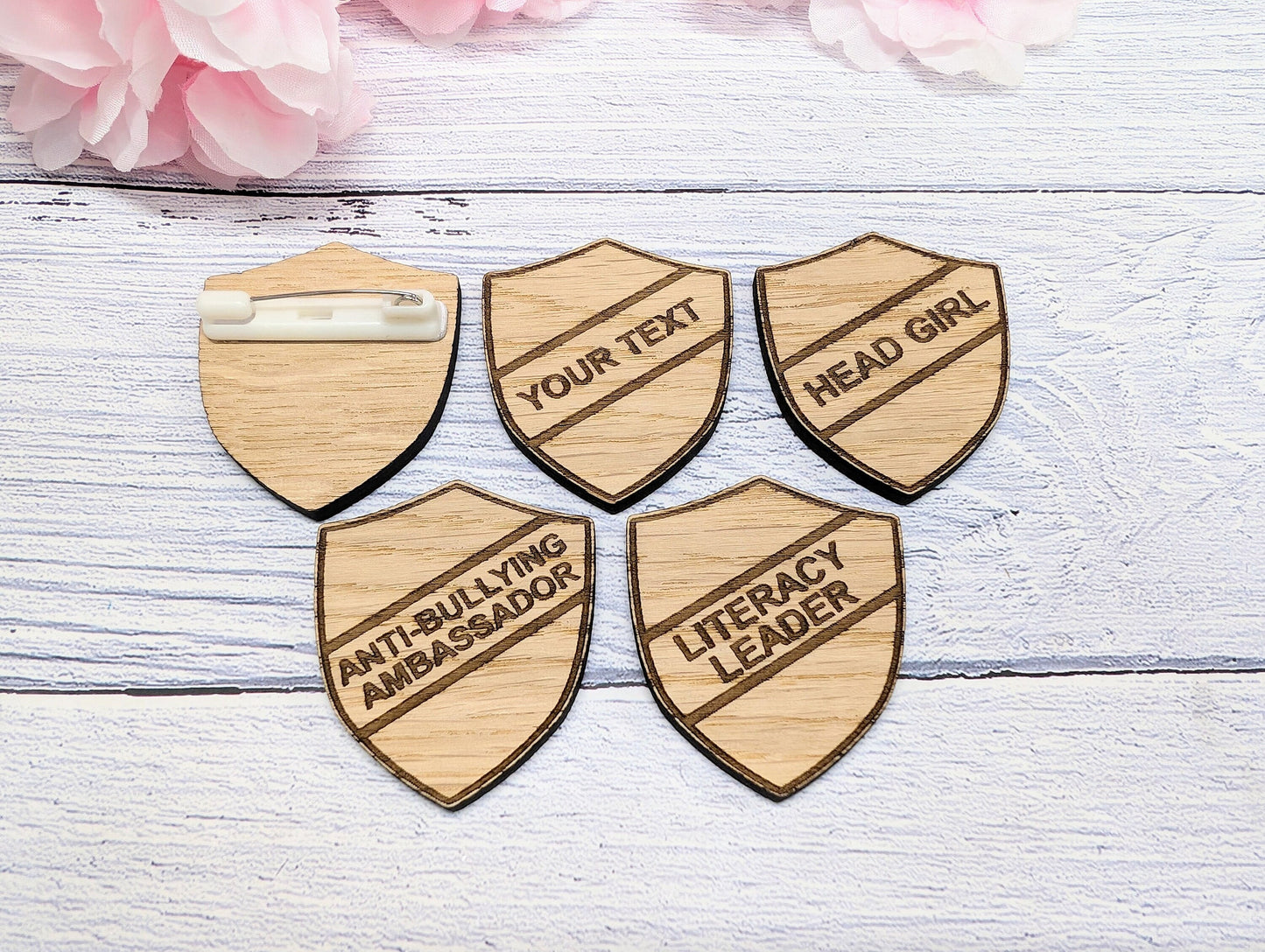 Small School Achievement Badges - 40x48mm - Oak Veneered MDF - Pin or Pin & Clip - Personalised or Pre-Designed Options for Students