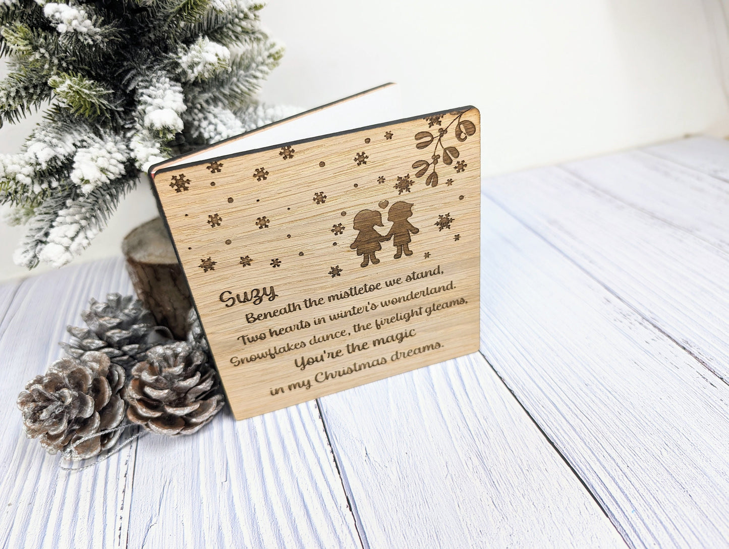 Personalised Wooden Christmas Card with Romantic Poem - Custom Name Engraved