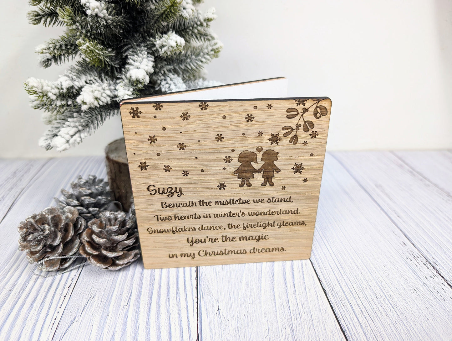 Personalised Wooden Christmas Card with Romantic Poem - Custom Name Engraved