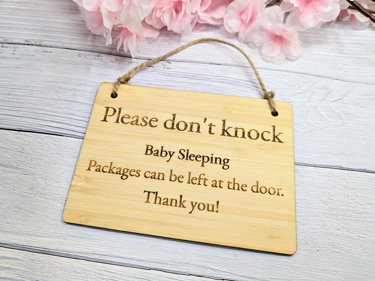 Please Don't Knock, Baby Sleeping" Bamboo Sign - Ideal for Homes with Newborns, Night Shift Workers - Eco-Friendly Bamboo - Customisable