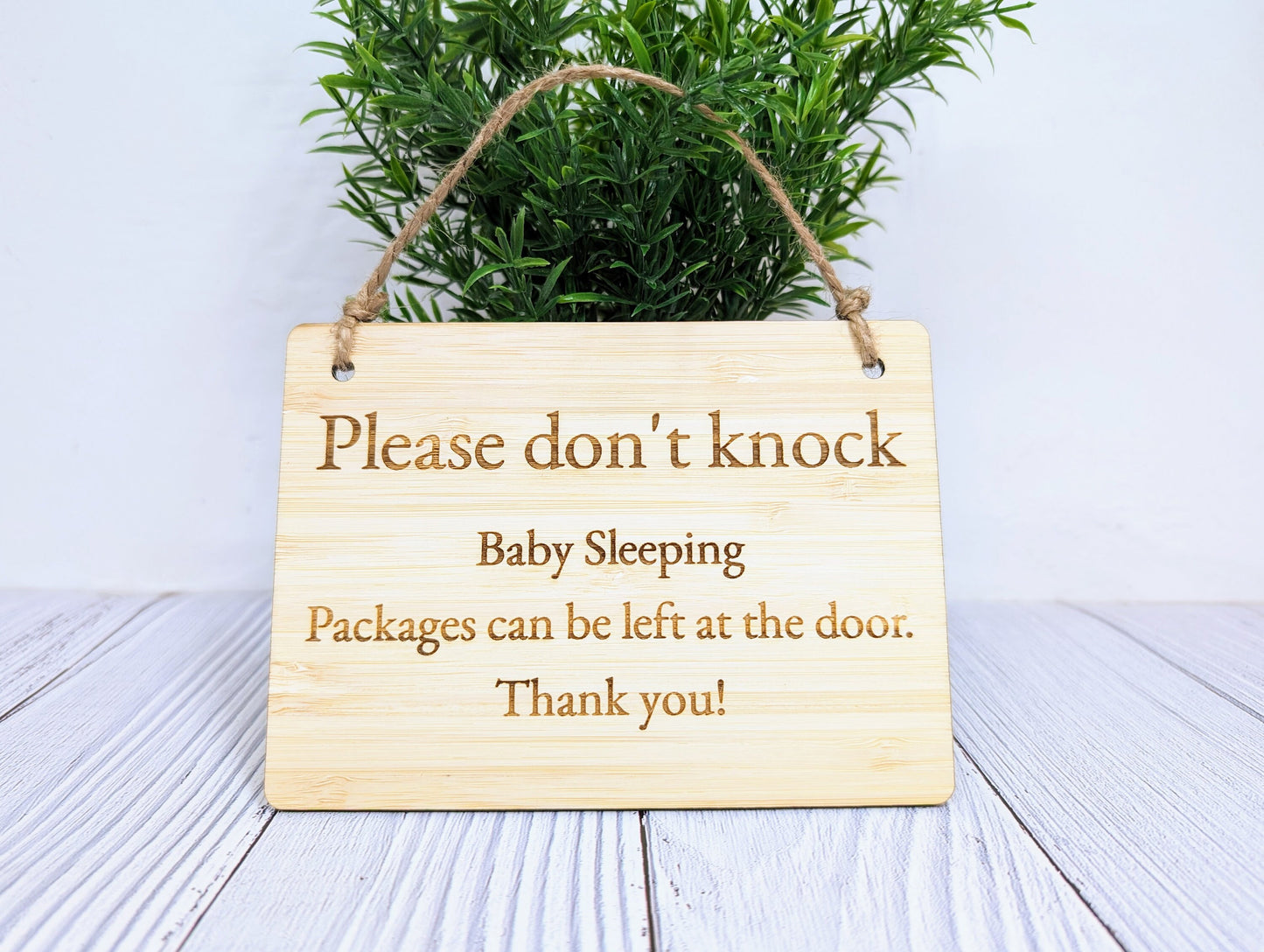 Please Don't Knock, Baby Sleeping" Bamboo Sign - Ideal for Homes with Newborns, Night Shift Workers - Eco-Friendly Bamboo - Customisable