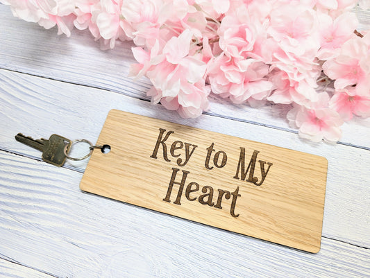 Key to my Heart - Wooden Keyring - Extra-Large 200x80mm – Romantic Oak Key Accessory, Love Gift