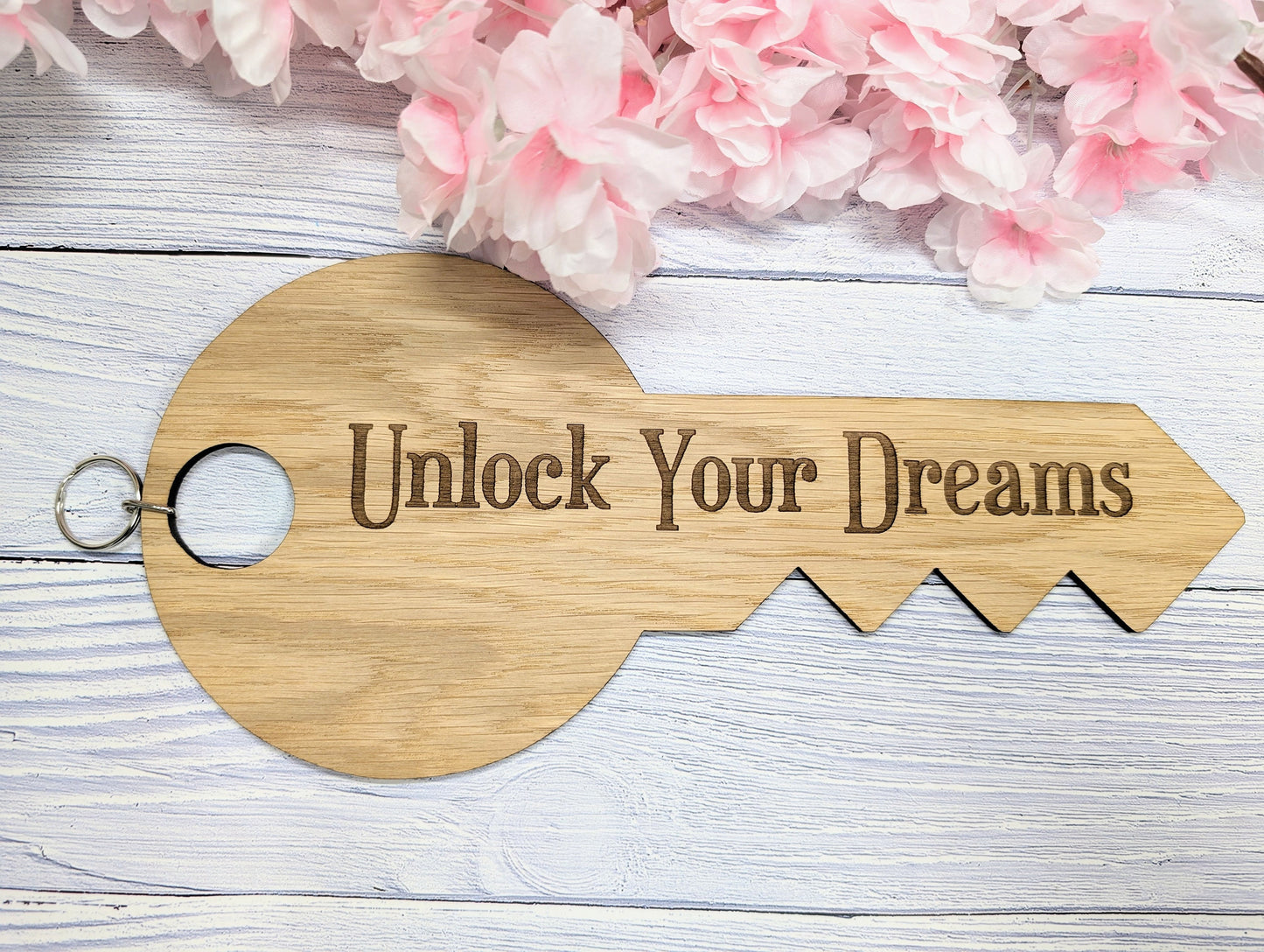 Unlock Your Dreams - Oversized Key-Shaped Wooden Keyring - Inspirational Accessory