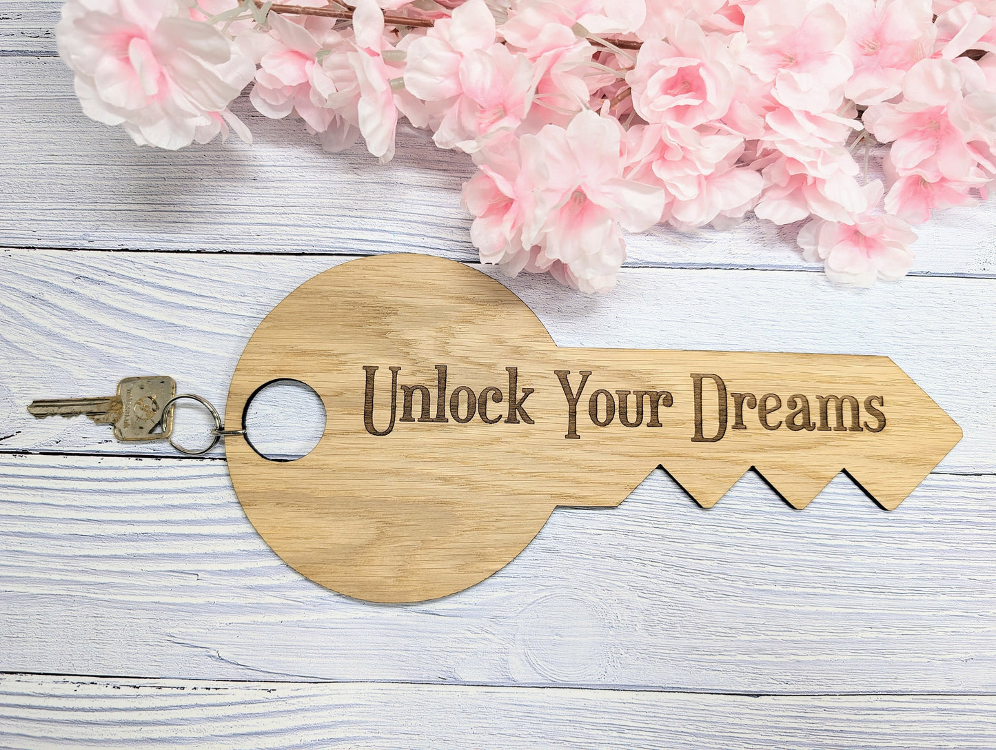 Unlock Your Dreams - Oversized Key-Shaped Wooden Keyring - Inspirational Accessory