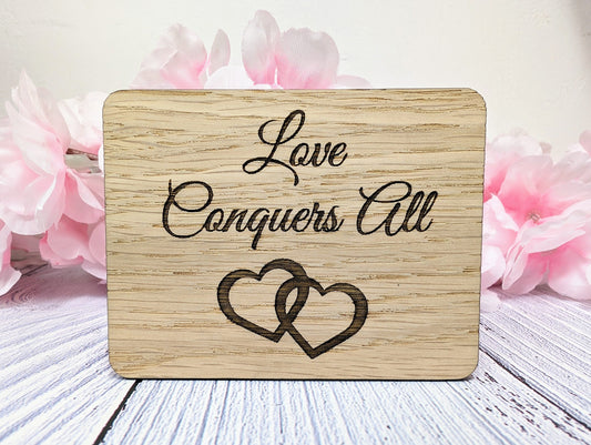 Love Conquers All - Wooden Fridge Magnet with Interlocking Hearts - Engraved