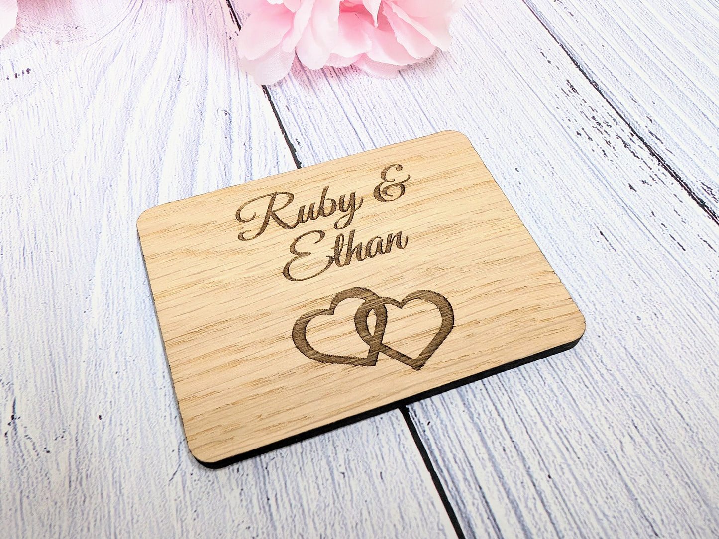 Personalised Romantic Wooden Fridge Magnet with Interlocking Hearts - Engraved Couple's Names