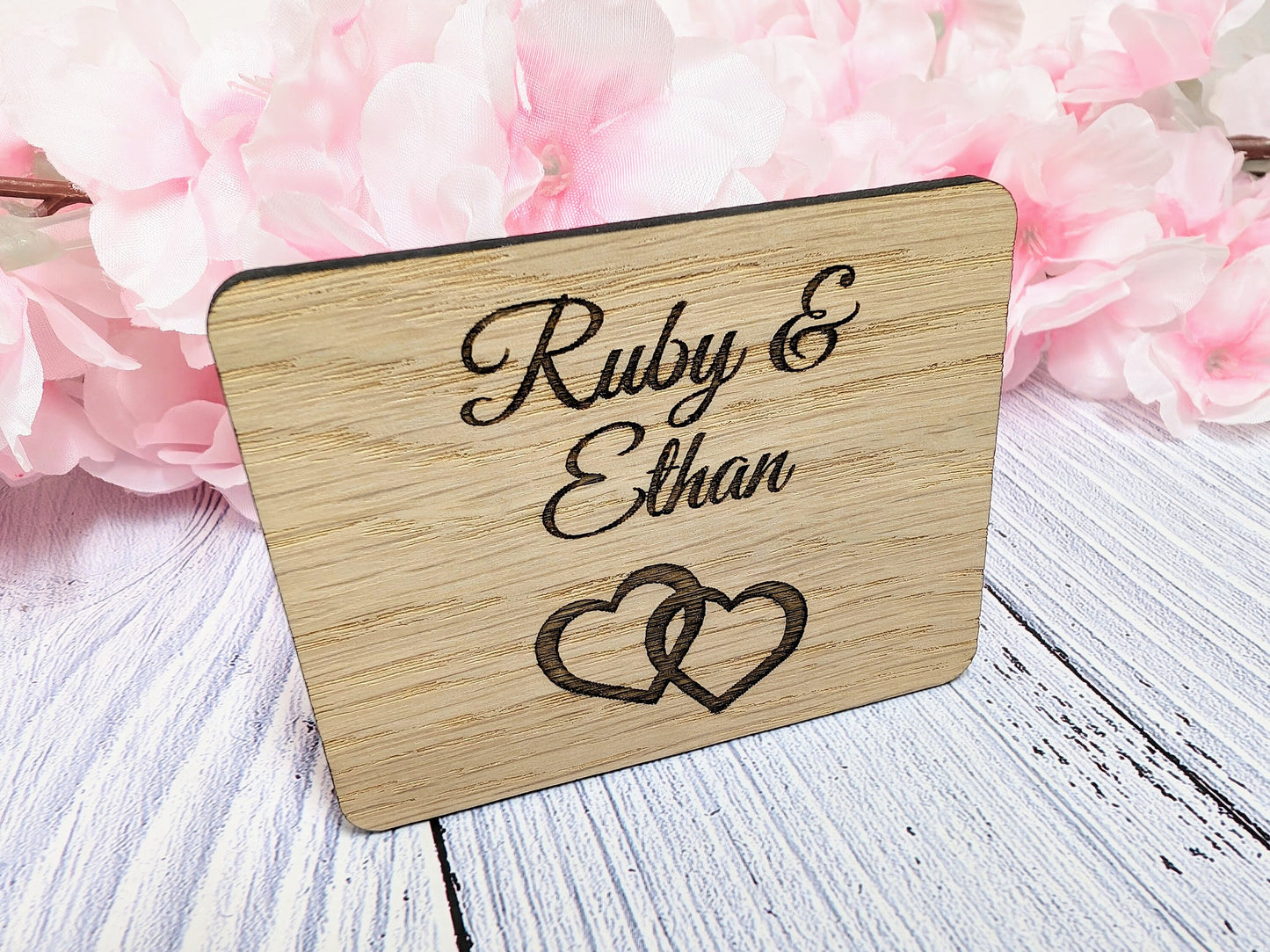 Personalised Romantic Wooden Fridge Magnet with Interlocking Hearts - Engraved Couple's Names