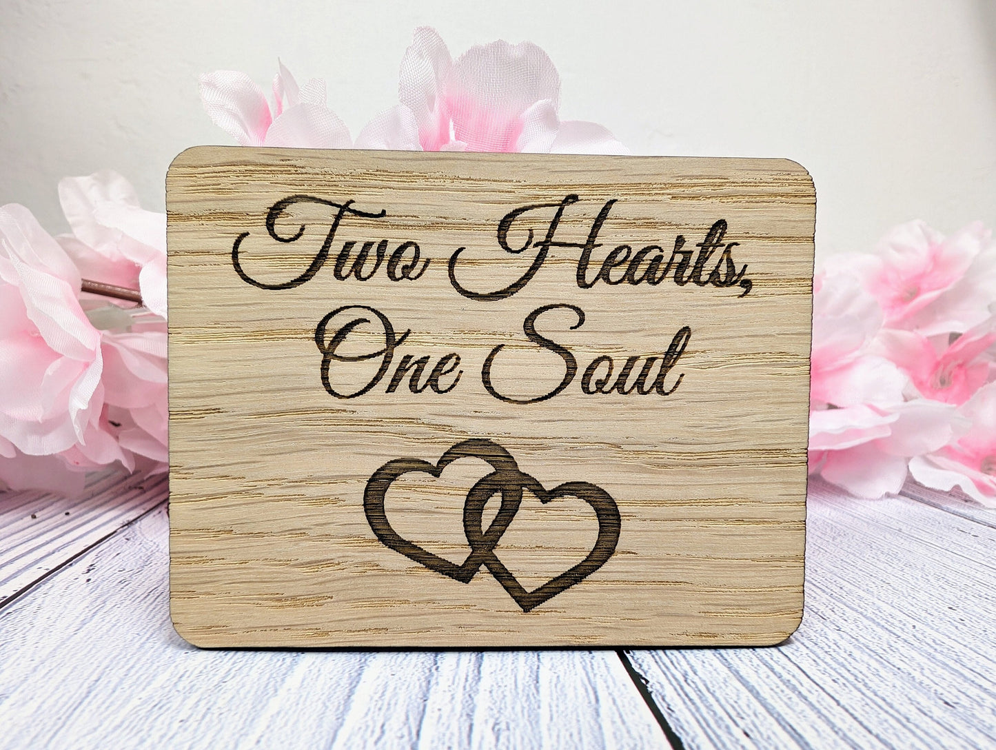 Two Hearts One Soul - Wooden Fridge Magnet with Interlocking Hearts - Romantic Gift