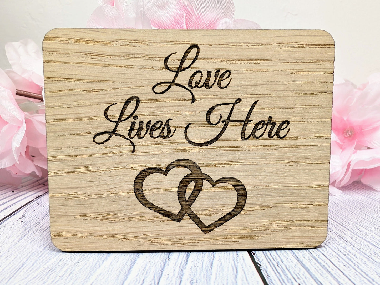 Love Lives Here - Wooden Fridge Magnet with Interlocking Hearts - Romantic Gift