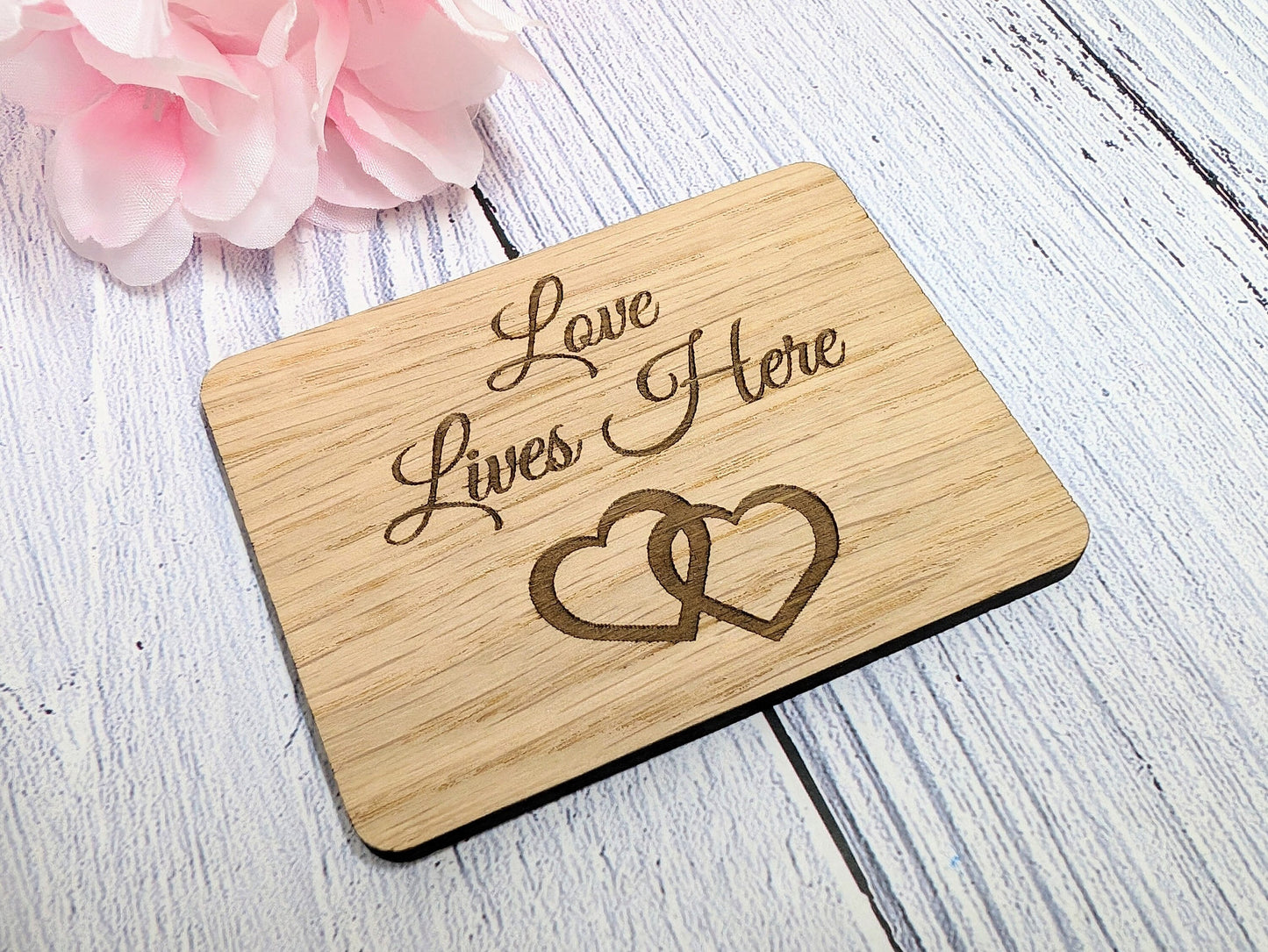 Love Lives Here - Wooden Fridge Magnet with Interlocking Hearts - Romantic Gift