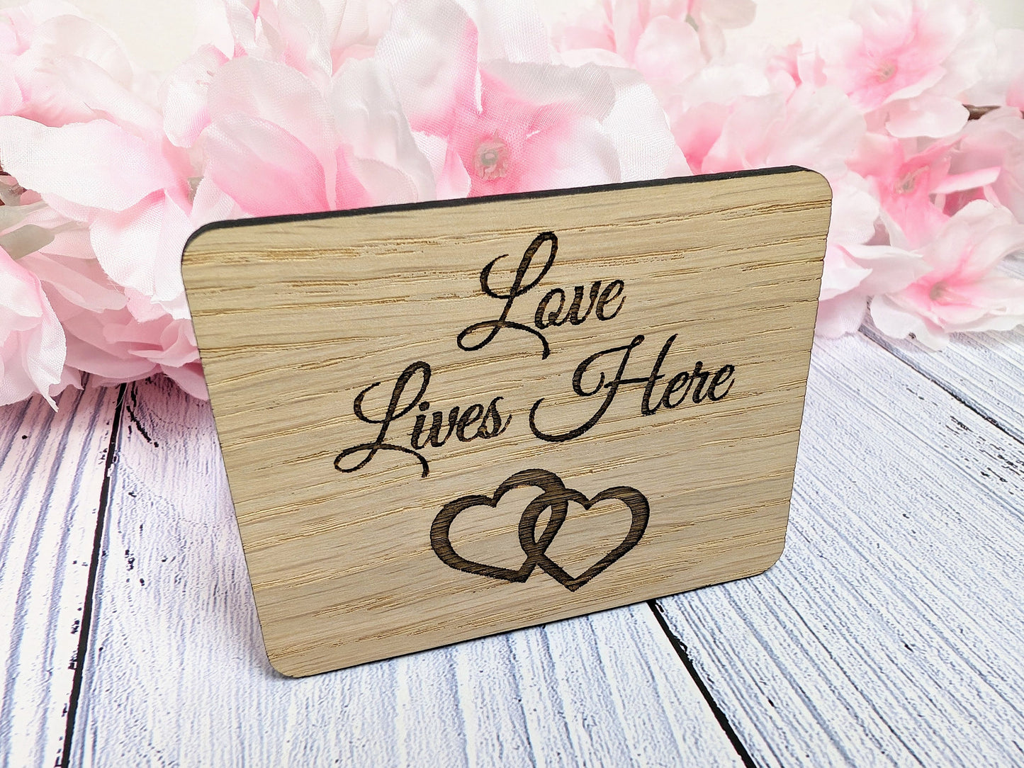 Love Lives Here - Wooden Fridge Magnet with Interlocking Hearts - Romantic Gift