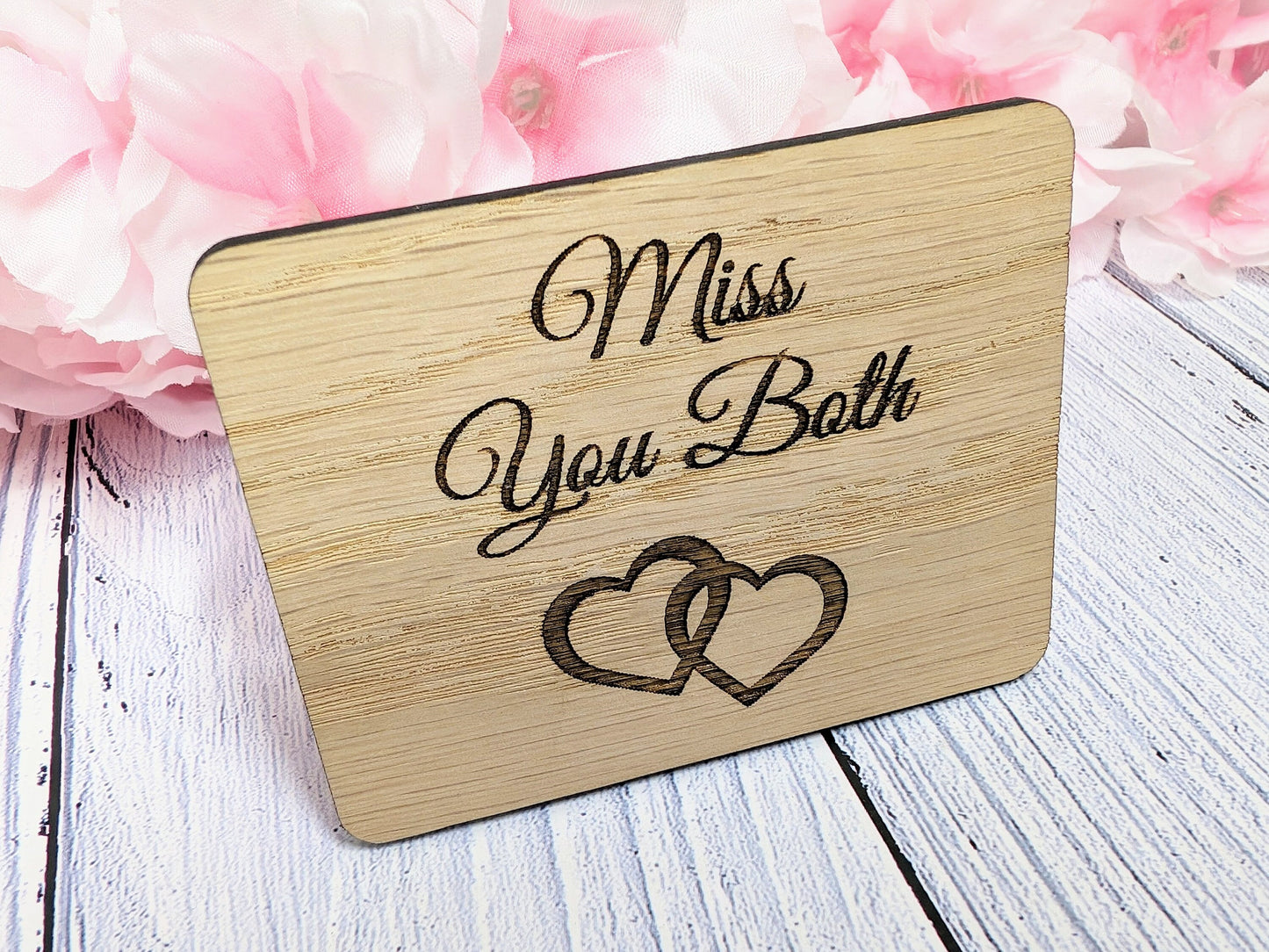 Miss You Both - Wooden Fridge Magnet with Interlocking Hearts - Romantic Gift