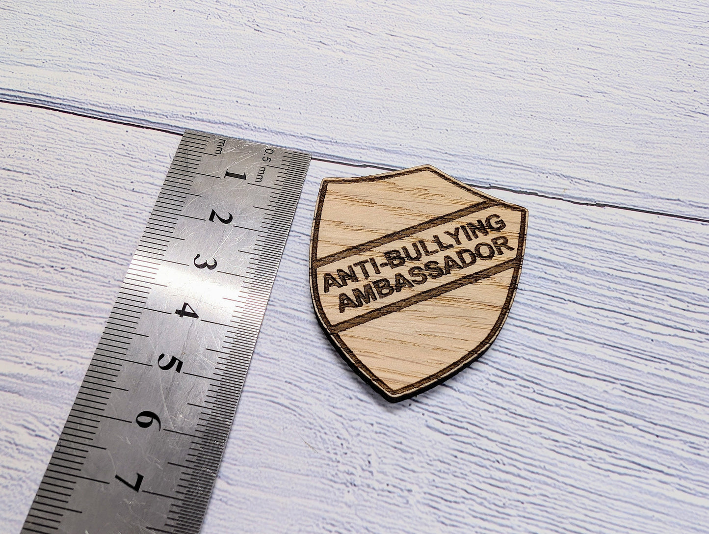 Small School Achievement Badges - 40x48mm - Oak Veneered MDF - Pin or Pin & Clip - Personalised or Pre-Designed Options for Students