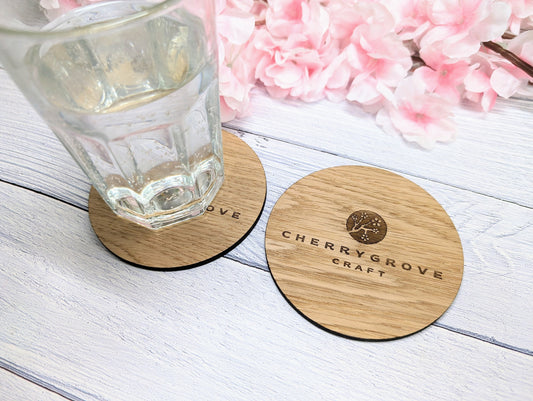 Custom Oak Veneer Round Coasters - Eco-Friendly Personalised Logo Drink Coasters for Business and Corporate Gifts, 100mm Diameter