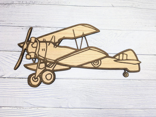 Vintage Biplane Wall Art - Oak Veneer Engraved Biplane Decor, Aviation History Enthusiast, 400mm Wide