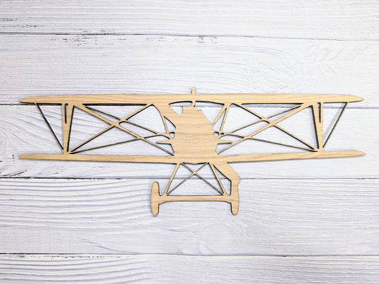 Vintage Biplane Silhouette Wall Art - Oak Veneer Engraved Biplane Decor, Aviation History Enthusiast, 400mm Wide