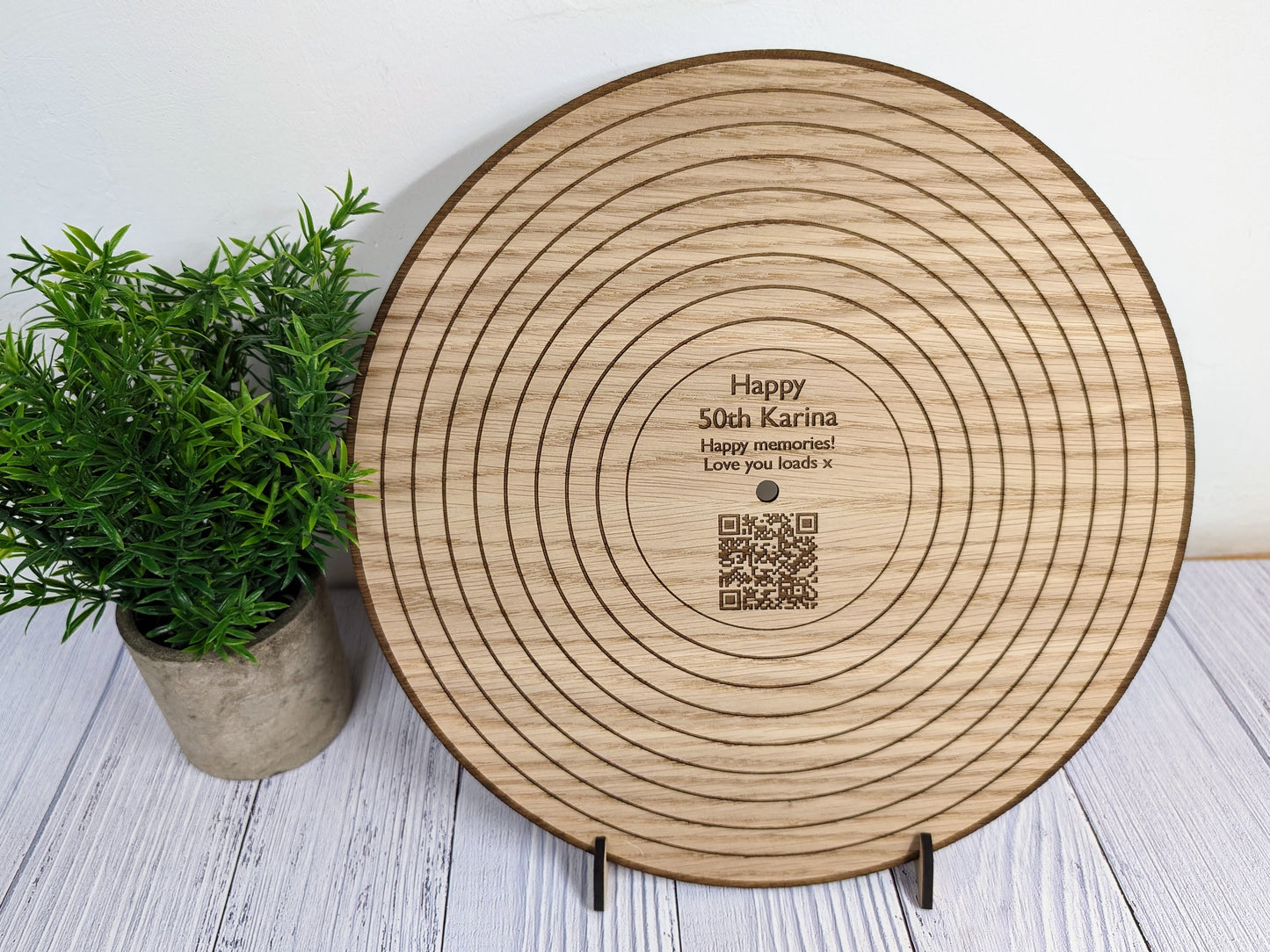 Oak 12" Record with Personalised QR Code and Message - Custom Message, Playlist Link, Optional Stand