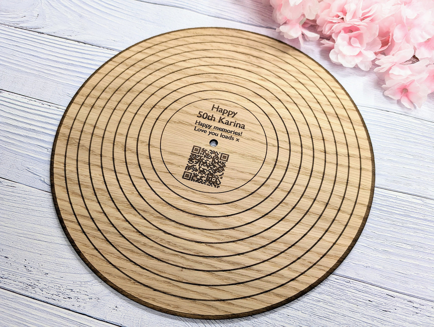 Oak 12" Record with Personalised QR Code and Message - Custom Message, Playlist Link, Optional Stand