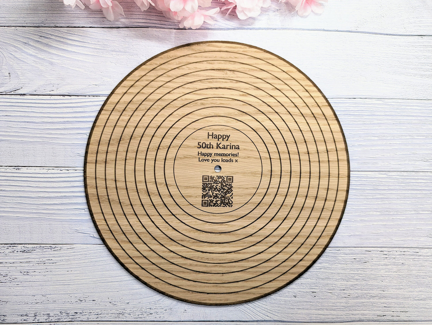 Oak 12" Record with Personalised QR Code and Message - Custom Message, Playlist Link, Optional Stand