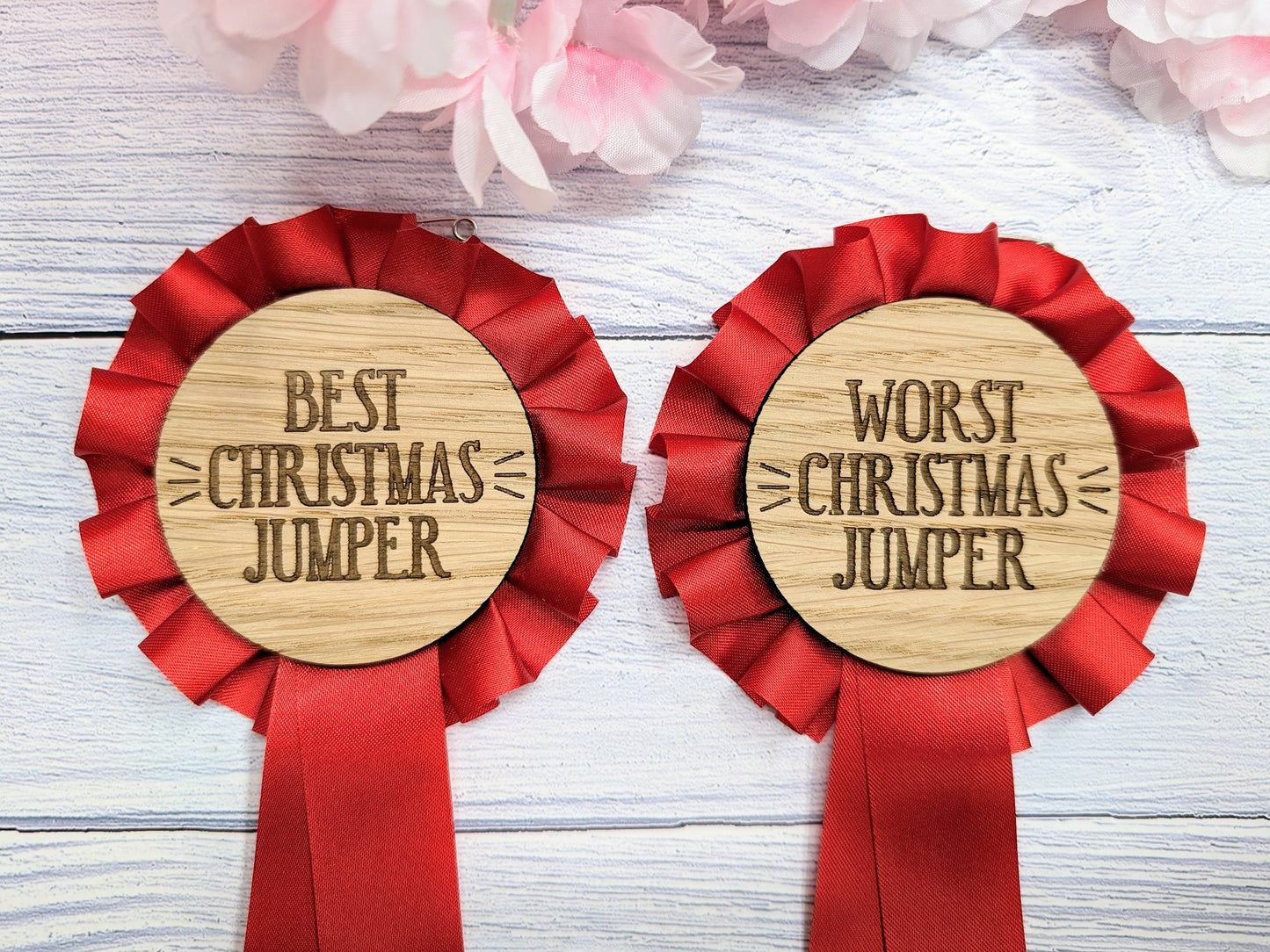 Best & Worst Christmas Jumper Wooden Rosettes - Custom Award Ribbons, Set Option