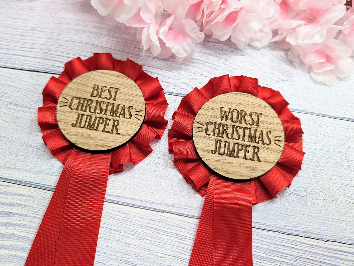 Best & Worst Christmas Jumper Wooden Rosettes - Custom Award Ribbons, Set Option