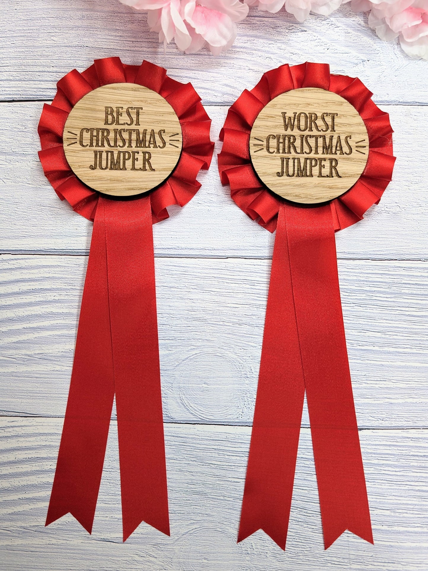 Best & Worst Christmas Jumper Wooden Rosettes - Custom Award Ribbons, Set Option