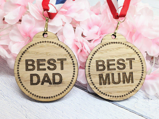 Best Mum & Best Dad Medals - Personalised Oak Veneer Awards, Perfect Family Gift - Crafted in Wales