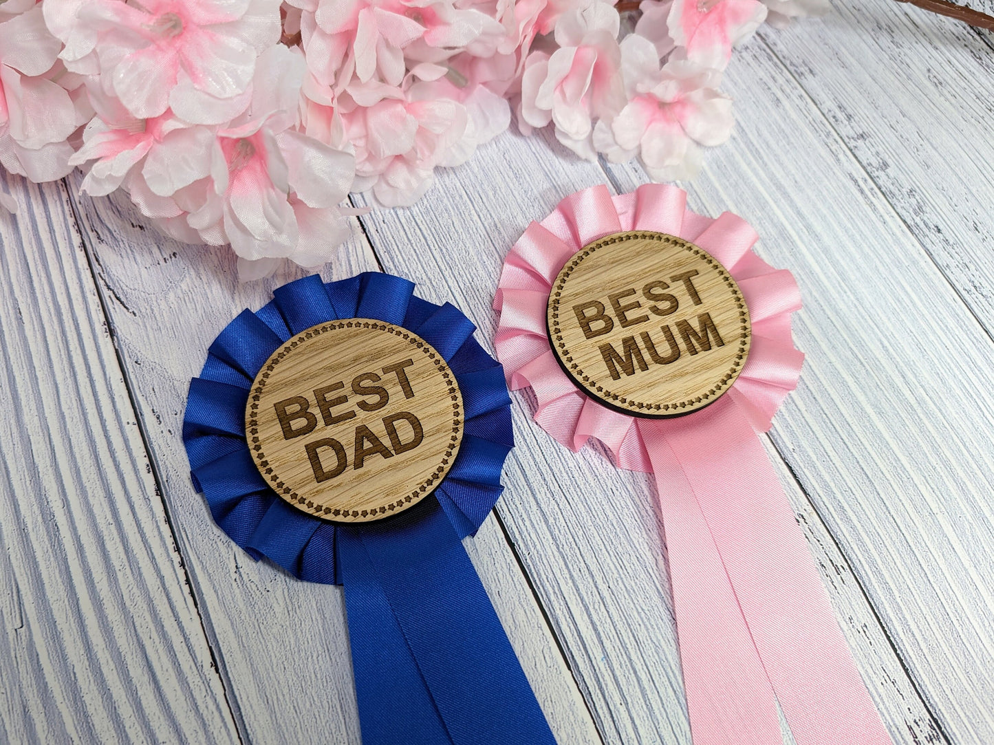 Best Mum & Dad Wooden Rosettes - Eco-Friendly, Welsh Craft | Unique Parent Awards, Handcrafted Sustainable Wood, Customisable