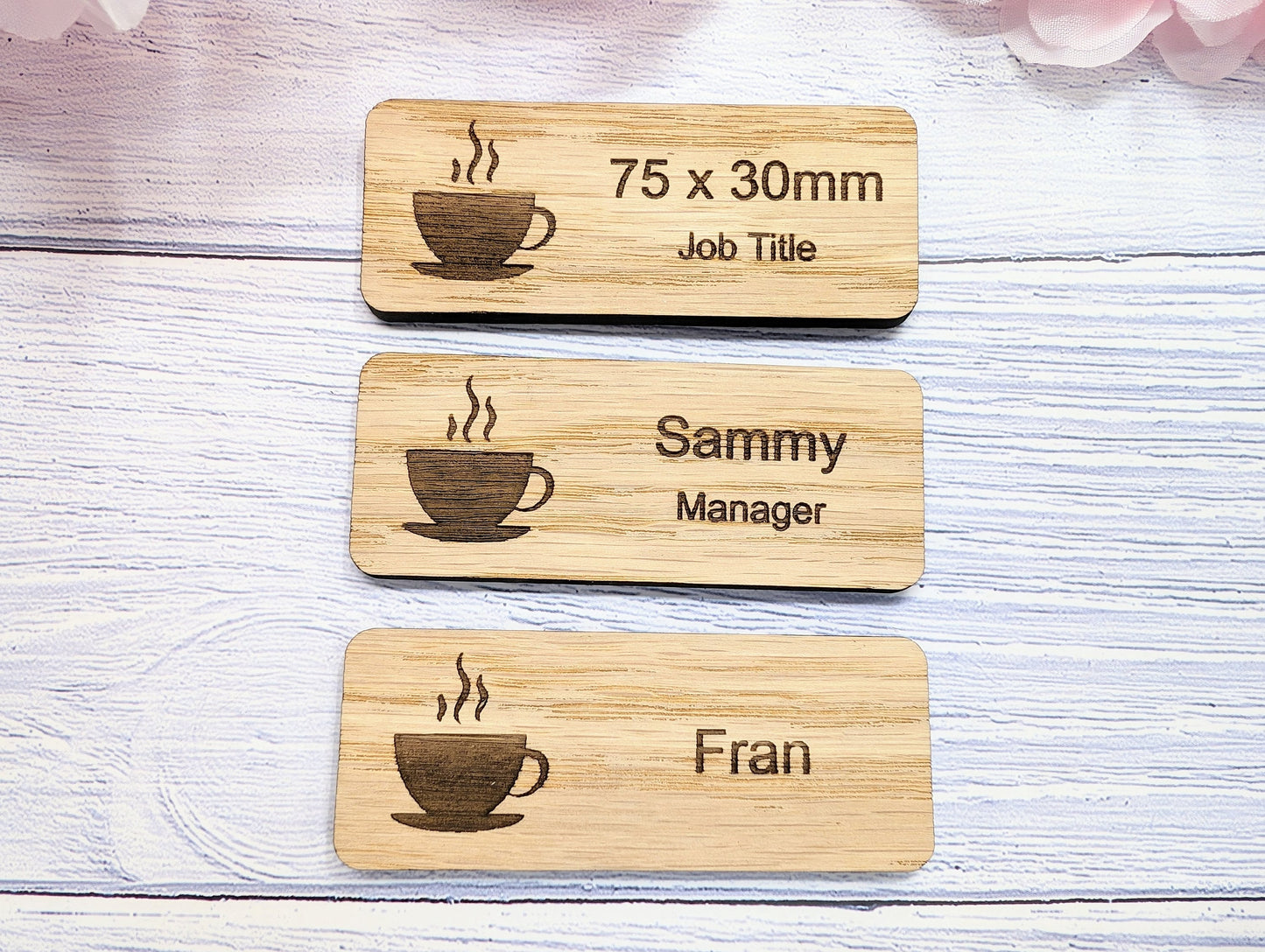 Custom Cafe & Restaurant Name Badges - 75x30mm, Eco Oak MDF, Chef/Coffee Graphics, Magnet/Pin, Personalized Staff Tags