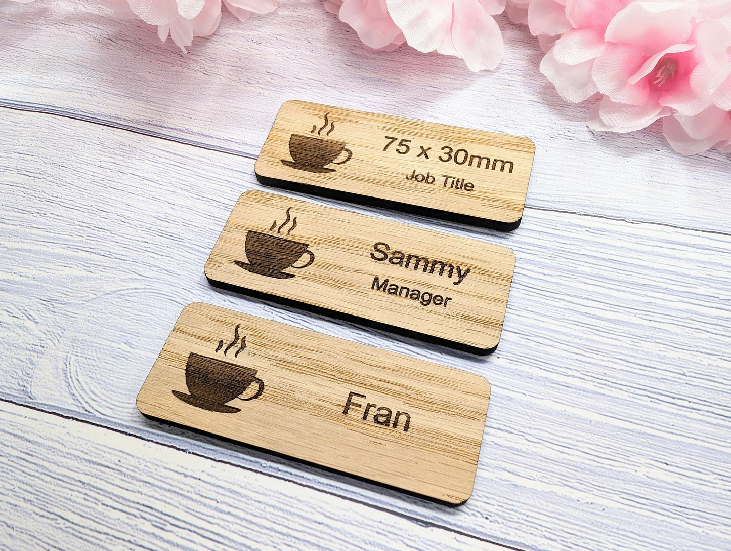 Custom Cafe & Restaurant Name Badges - 75x30mm, Eco Oak MDF, Chef/Coffee Graphics, Magnet/Pin, Personalized Staff Tags