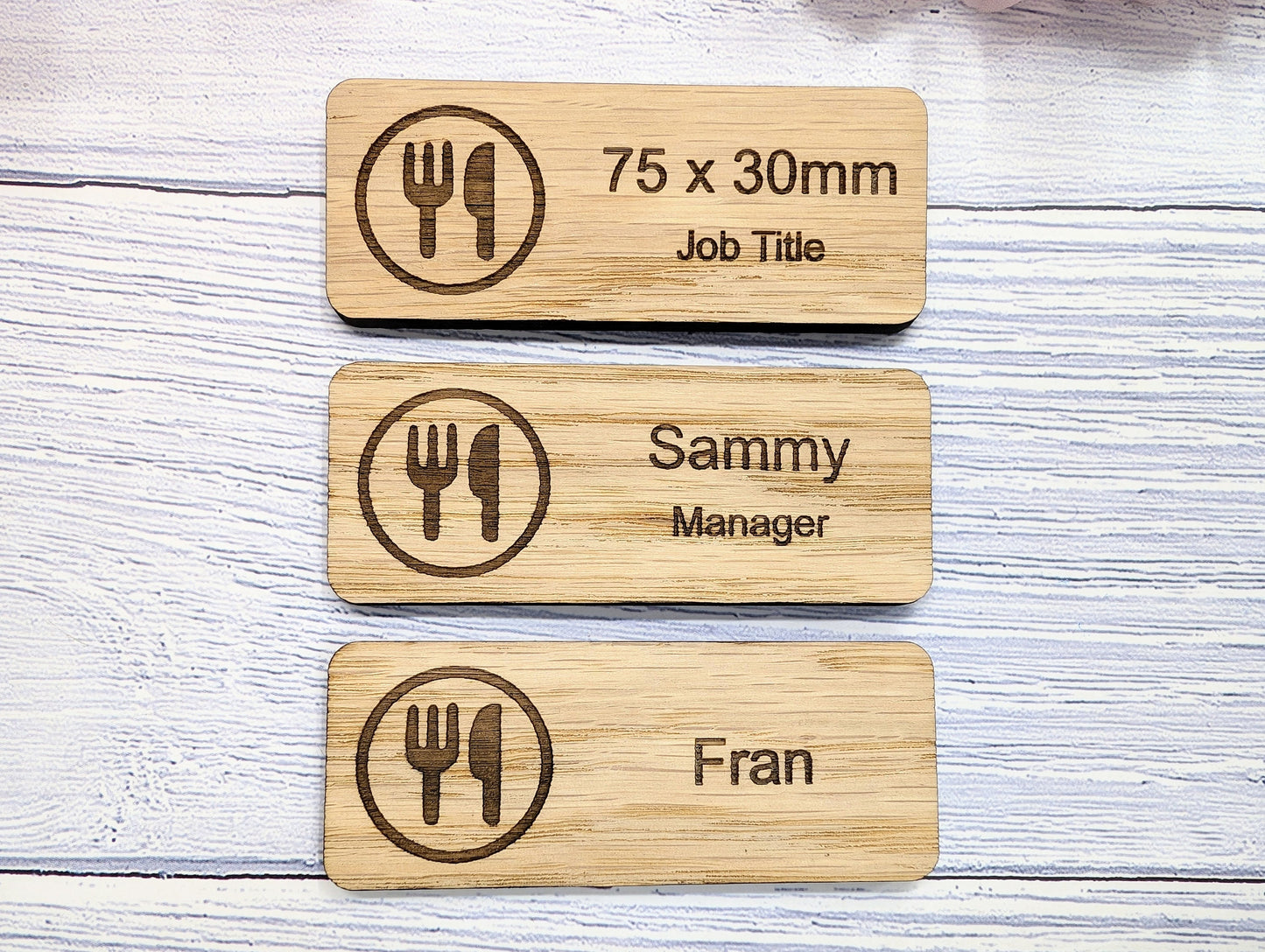 Custom Cafe & Restaurant Name Badges - 75x30mm, Eco Oak MDF, Chef/Coffee Graphics, Magnet/Pin, Personalized Staff Tags