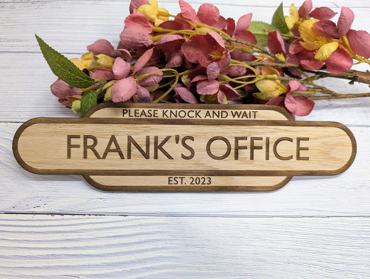 Personalised Railway Station Office Door Sign - Oak MDF - Customisable Text, 4 Sizes - Eco-Friendly, British Crafted Door Sign