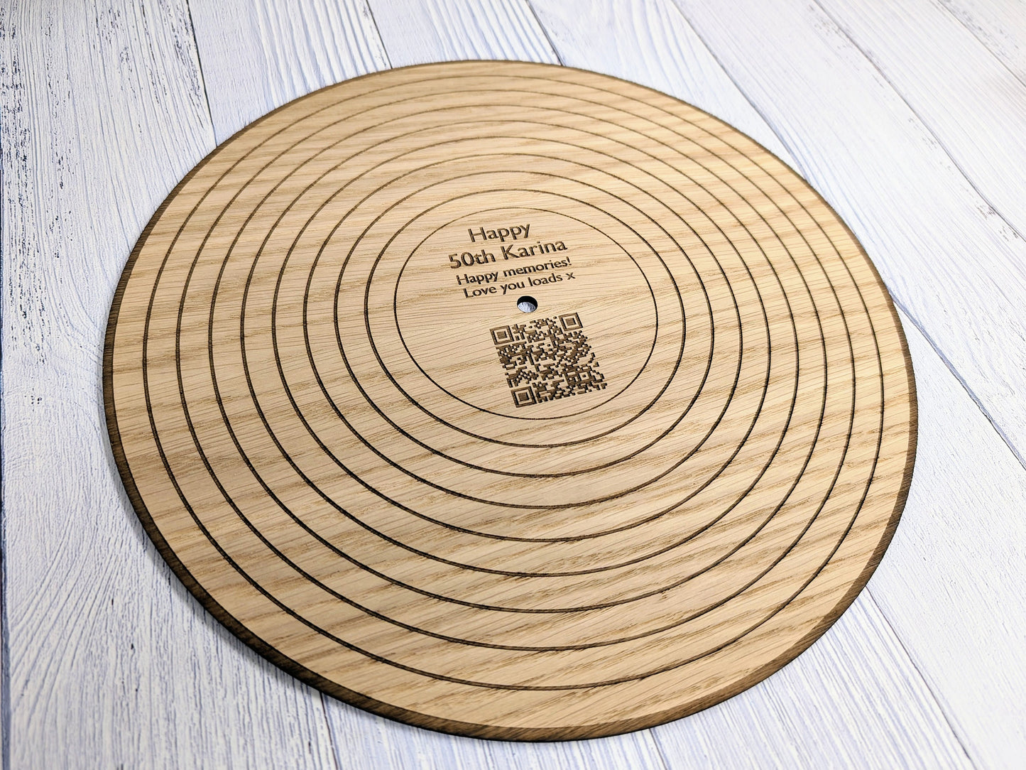 Oak 12" Record with Personalised QR Code and Message - Custom Message, Playlist Link, Optional Stand