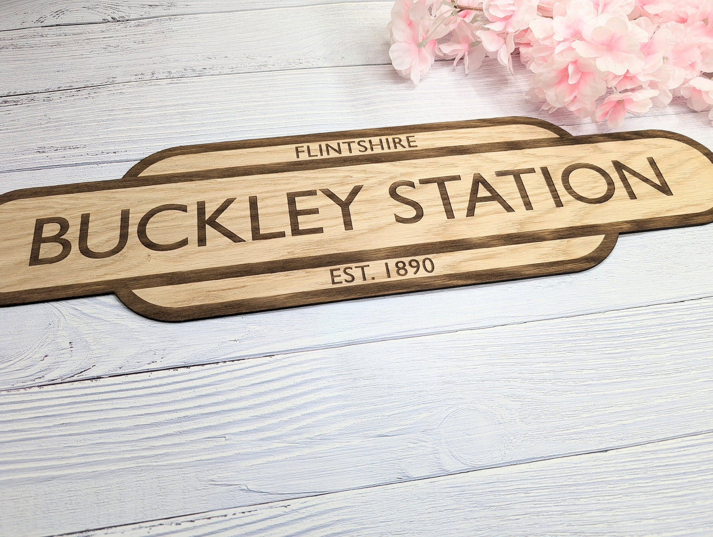 Model Railway Custom Station Sign - Oak MDF, Personalised for Enthusiasts, Authentic British Design, 4 Sizes