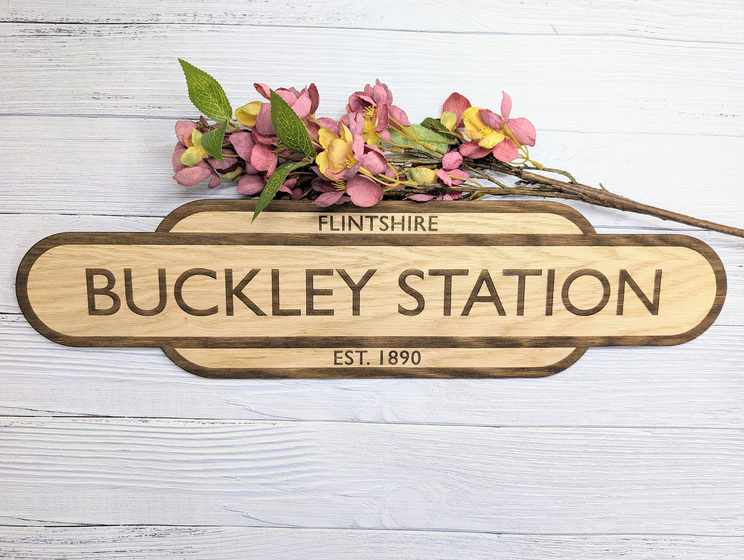 Model Railway Custom Station Sign - Oak MDF, Personalised for Enthusiasts, Authentic British Design, 4 Sizes