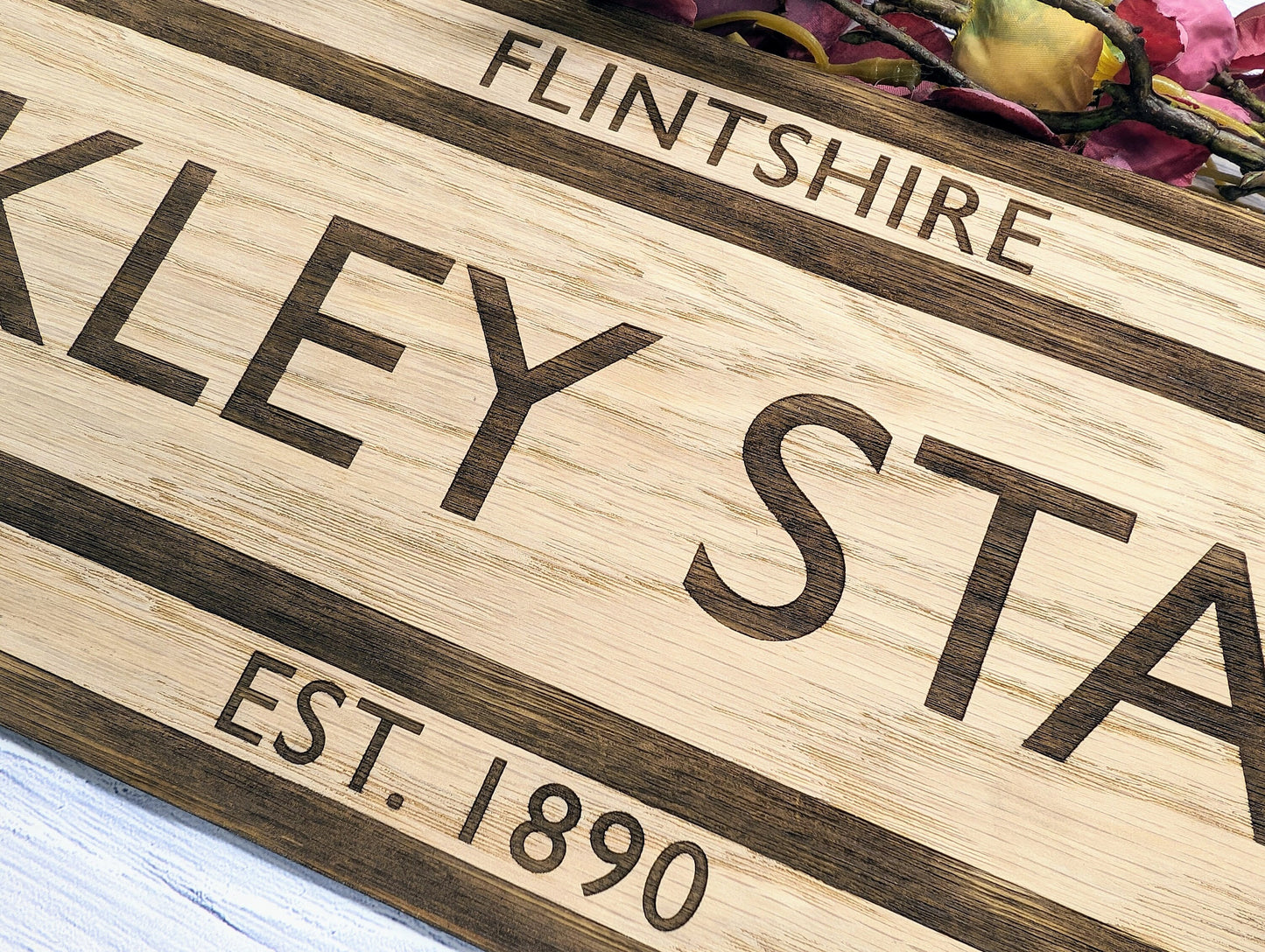 Model Railway Custom Station Sign - Oak MDF, Personalised for Enthusiasts, Authentic British Design, 4 Sizes