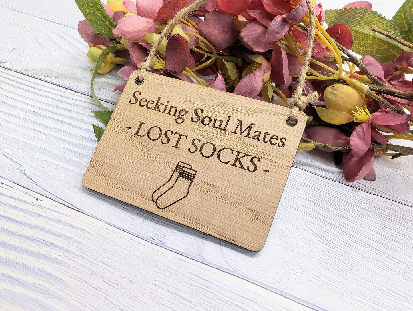 Seeking Soul Mates' - Oak Veneer MDF, Quirky Laundry Decor, 4 Sizes, Sock Graphic, Non-Personalised