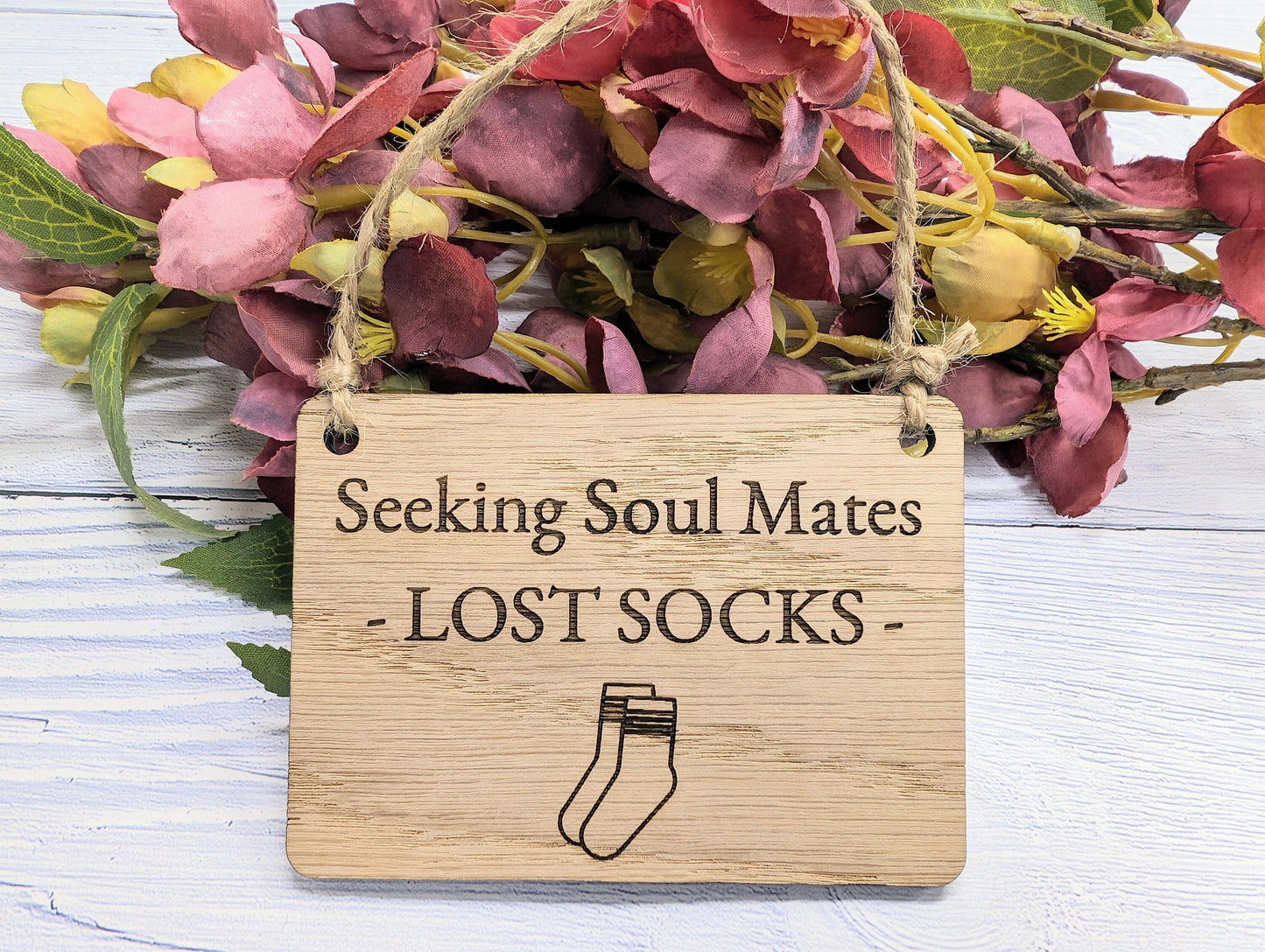 Seeking Soul Mates' - Oak Veneer MDF, Quirky Laundry Decor, 4 Sizes, Sock Graphic, Non-Personalised