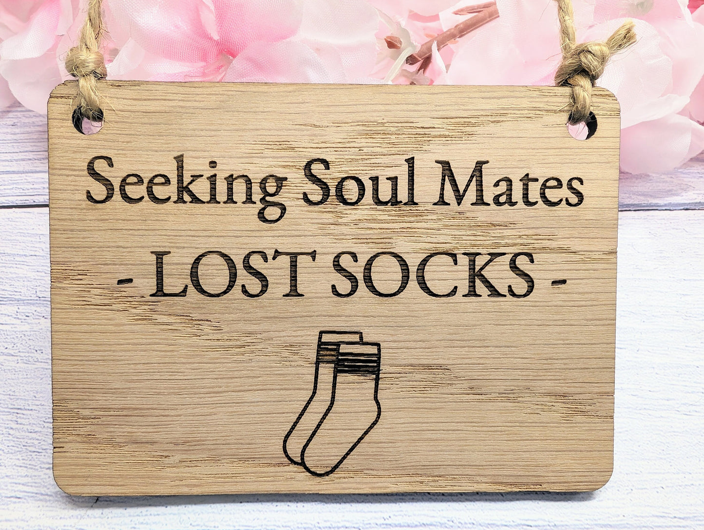 Seeking Soul Mates' - Oak Veneer MDF, Quirky Laundry Decor, 4 Sizes, Sock Graphic, Non-Personalised