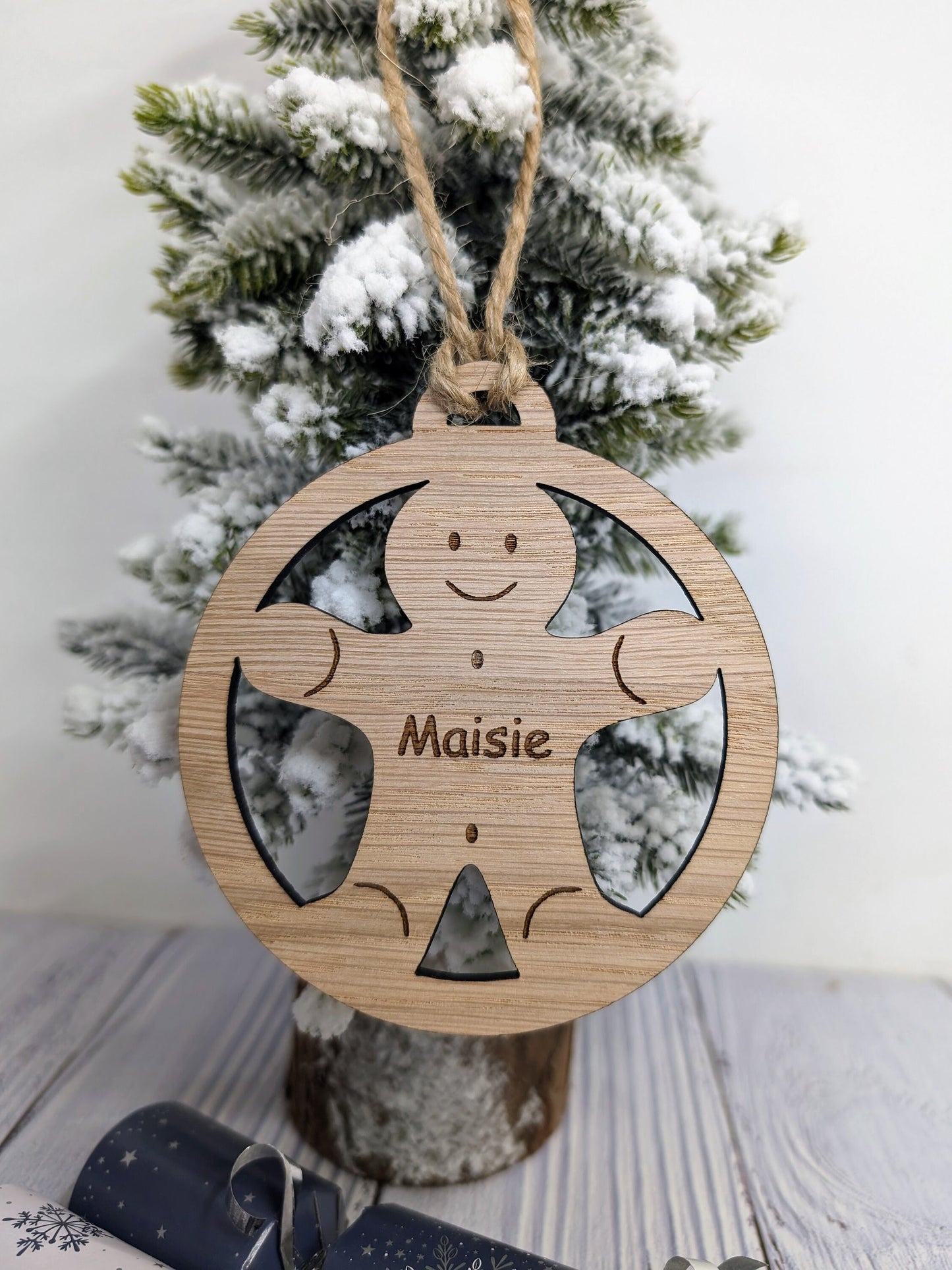 Personalised Gingerbread Man Christmas Bauble - Handcrafted Wooden Ornament with Child's Name