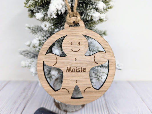 Personalised Gingerbread Man Christmas Bauble - Handcrafted Wooden Ornament with Child's Name