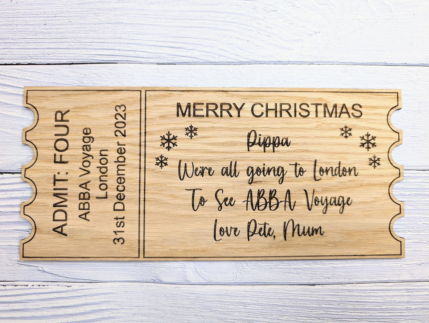 Personalised Christmas magic ticket — oak veneer, laser engraved, 3 sizes