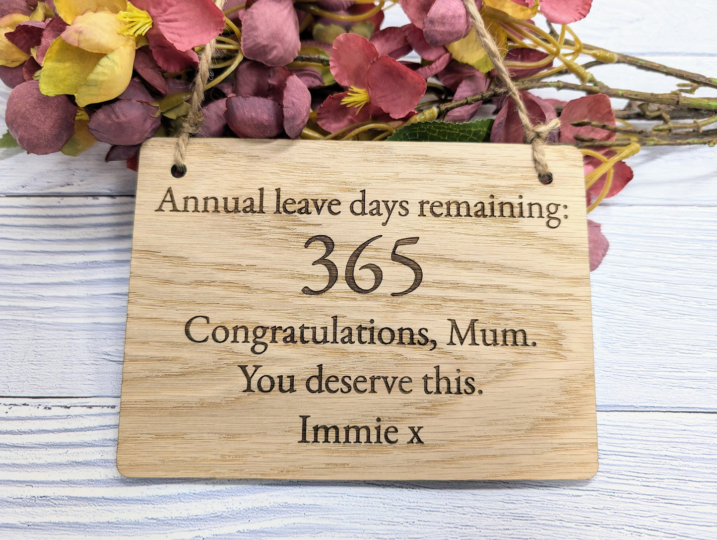 Personalised Retirement Sign in Oak Veneer - '365 Days Remaining' Keepsake - Custom Farewell Message Plaque | Perfect for Any Retiree