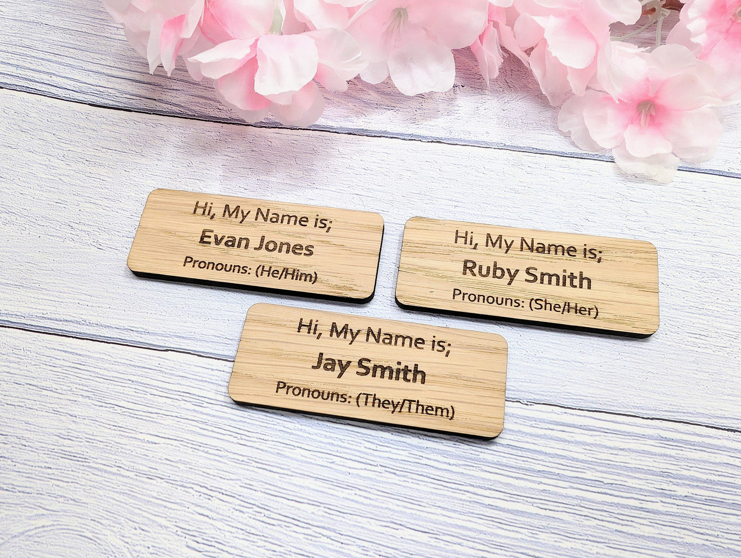 Custom Pronoun Oak Name Badges - Inclusive & Personal, Pin/Magnet | Eco-Friendly, 75x30mm, He/She/They - Respectful Workplace Accessory