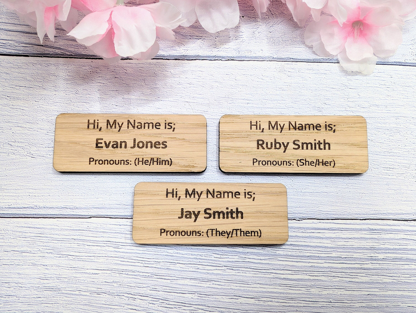 Custom Pronoun Oak Name Badges - Inclusive & Personal, Pin/Magnet | Eco-Friendly, 75x30mm, He/She/They - Respectful Workplace Accessory